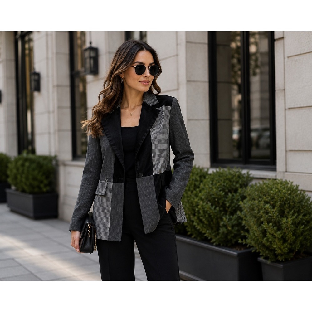 Nicole Miller Women's Patchwork Blazer Graphite Grey Black Size L NWT